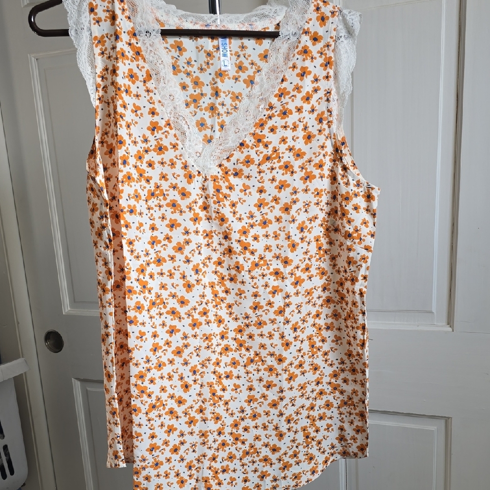 Floral Lace Trim Sleeveless Top